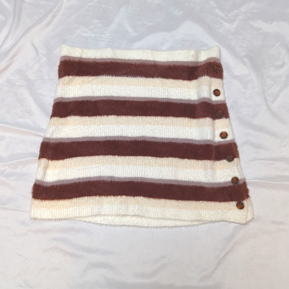 Free People Ciara Fuzzy Sweater Pull On Striped Winter Mini Skirt Button Accents